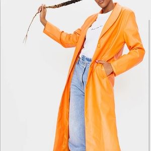 Orange faux leather midi trench coat